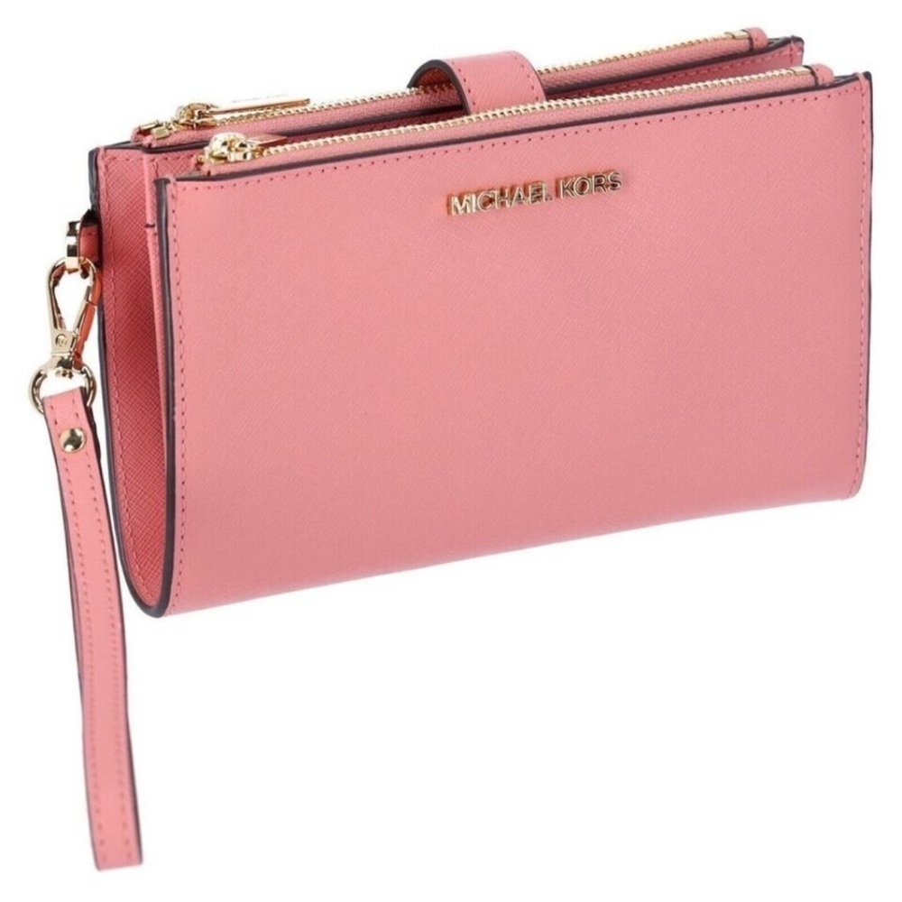 New Michael Kors Jet Set Travel Double Zip Wristlet Wallet Leather Primrose - Picture 7 of 9